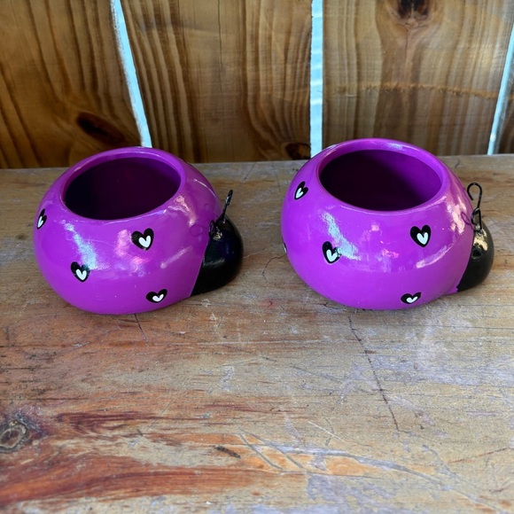 2 Rocket Farms Lovebugs Ladybugs Mini Planters Purple with White & Black Hearts - Picture 3 of 9